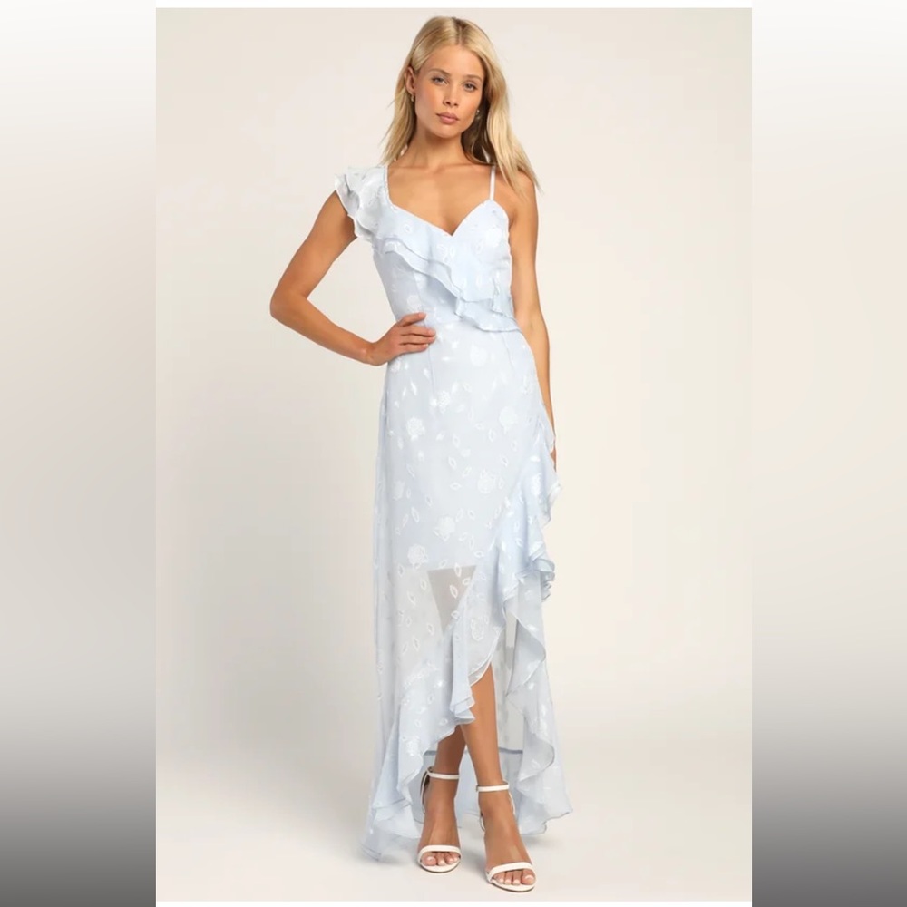 Lulu’s Forever Be Light Blue Floral Jacquard Ruffled Maxi Dress